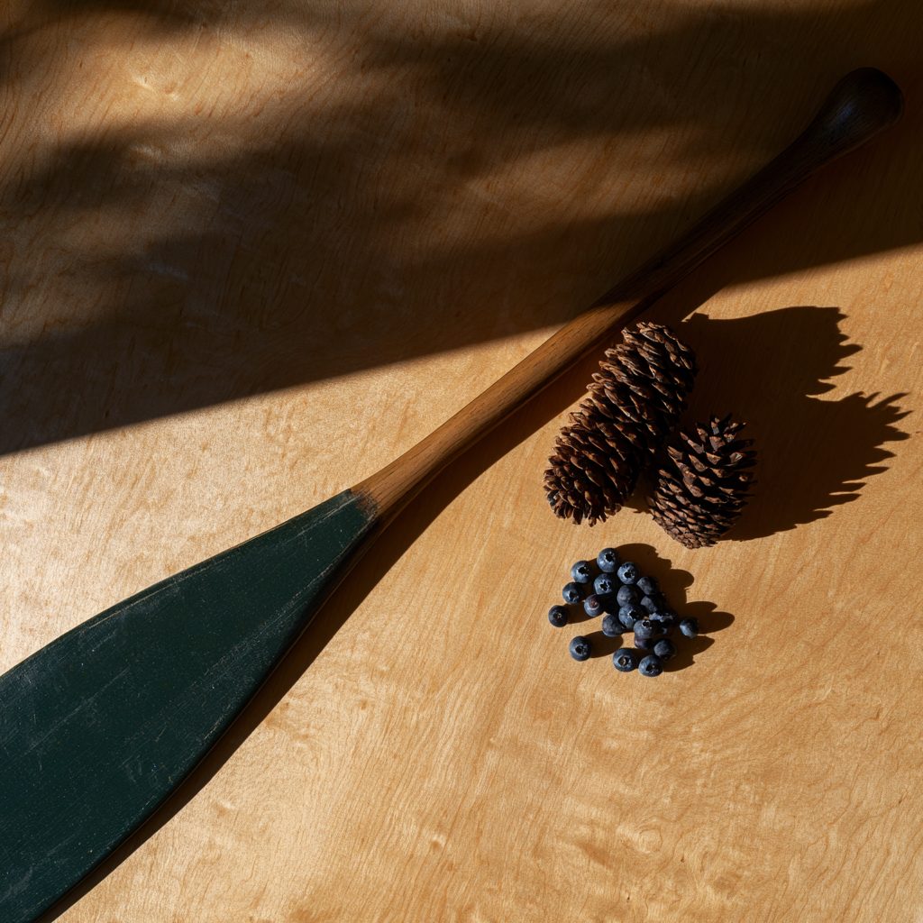 A birch-paper flatlay with a gold pine emblem, pen and notebook in soft northern daylight